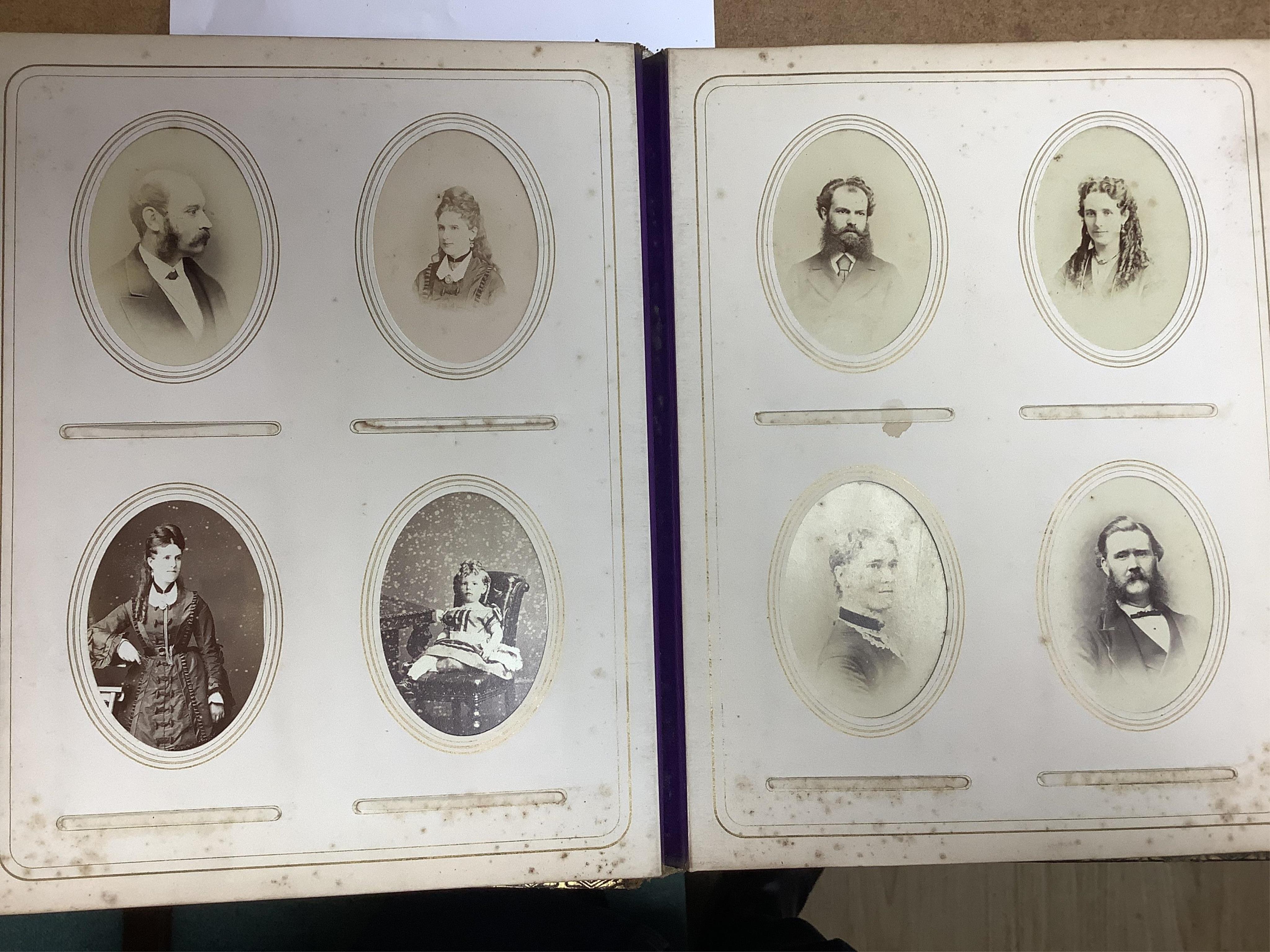 A Victorian malachite mounted amboyna family photograph album, 23cm x 30cm